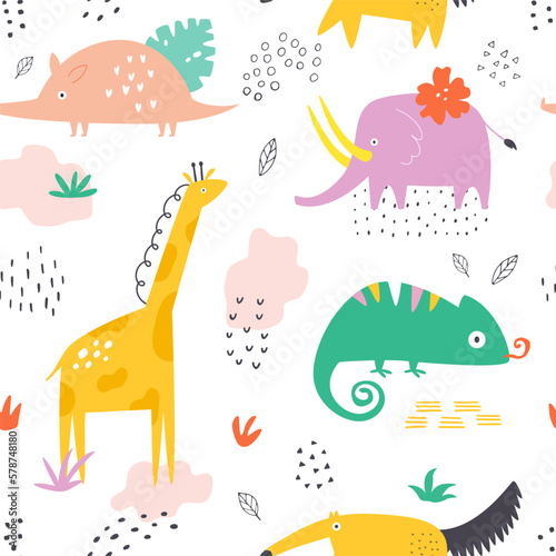 Seamless pattern with colorful exotic animals