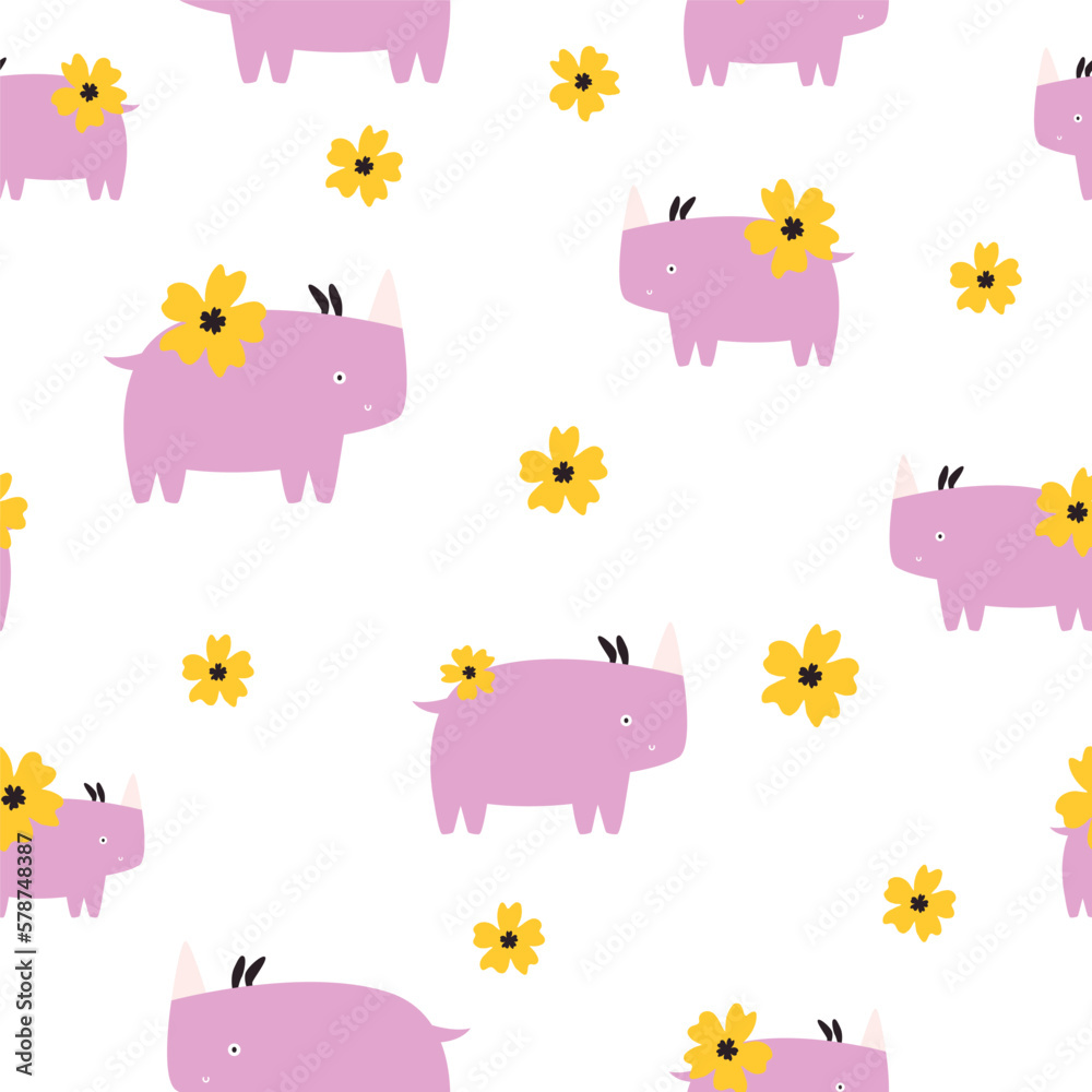 Seamless pattern with lilac rhinos and flowers Seamless pattern with lilac rhinos and flowers
