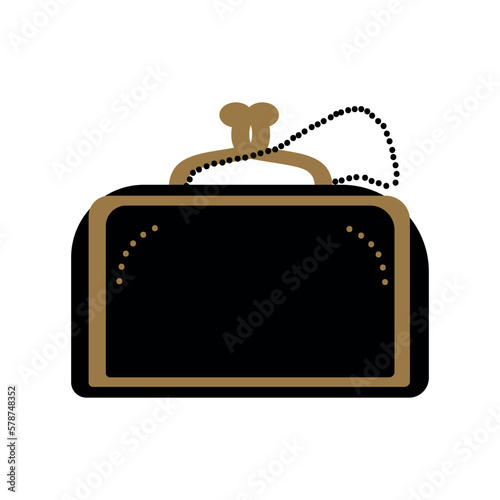 Classic quilted black flap bag with gold chain. Women fashion clutch. Small leather elegant purse. Modern rectangular evening handbag. Flat vector illustration isolated on white background