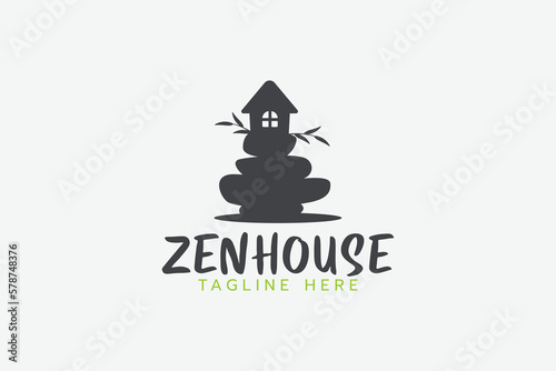 zen house logo with a combination of a house, leaves and stacked stones.