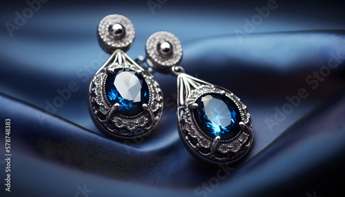 Sparkling Blue Earrings on Satin- ai generative