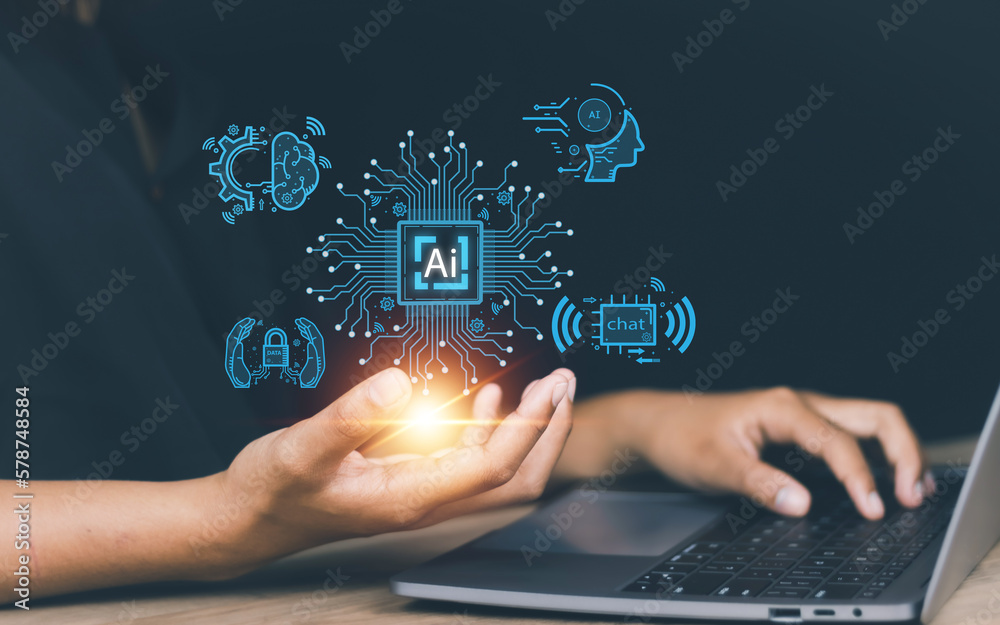 Fototapeta premium AI technology concept. Woman holding of Artificial intelligence to represent the influence of the future. many organizations that produce AI. It is very capable. Chatbot, calculate, evaluate, maintai