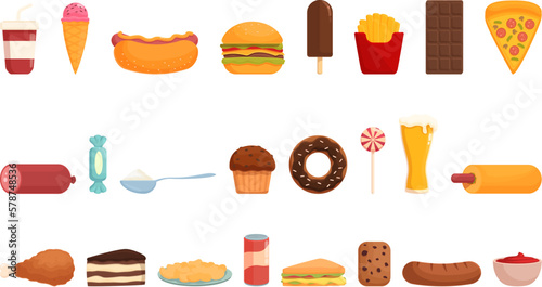 Harmful products icons set cartoon vector. Chocolate teeth. Medical health
