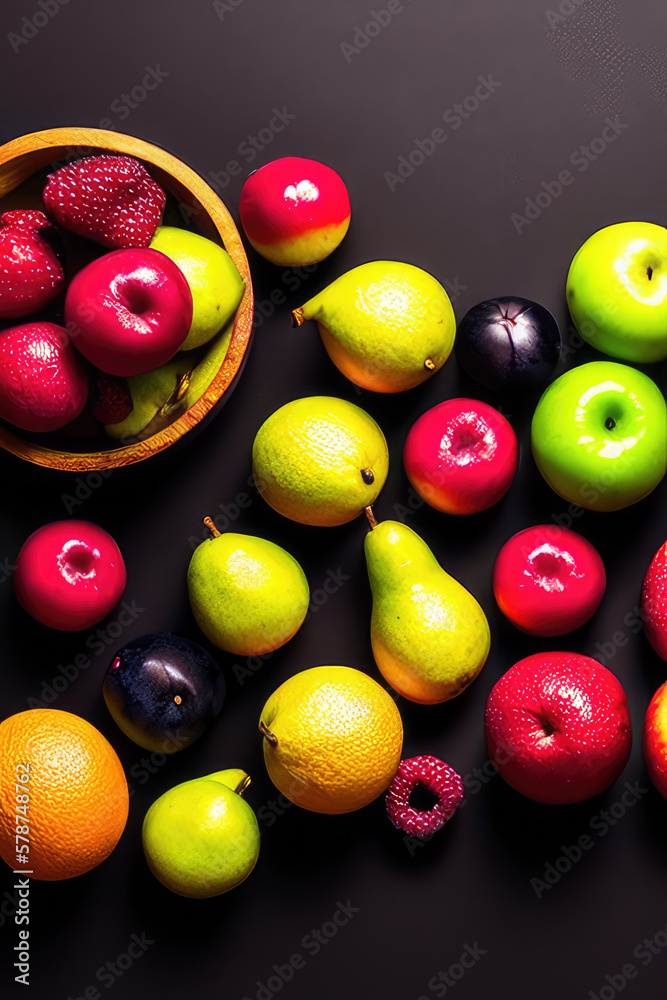 fruit on the wood and black table. Generating AI fruit on the wood and black table. Generating AI