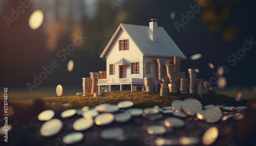 House mortgage,  with golden stacks of coins. generative AI