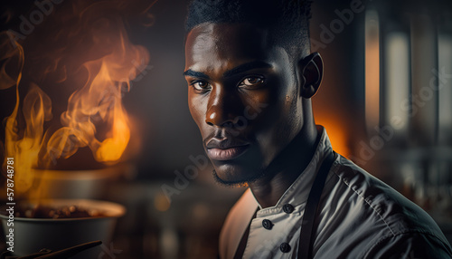 Portrait of a african american male cook in a restaurant kitchen. generative AI 