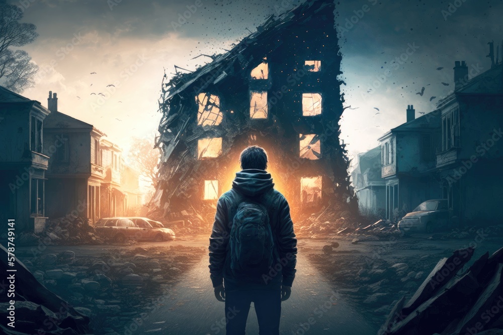 Fototapeta premium Alone back home after end of war with total destruction Generative AI Illustration