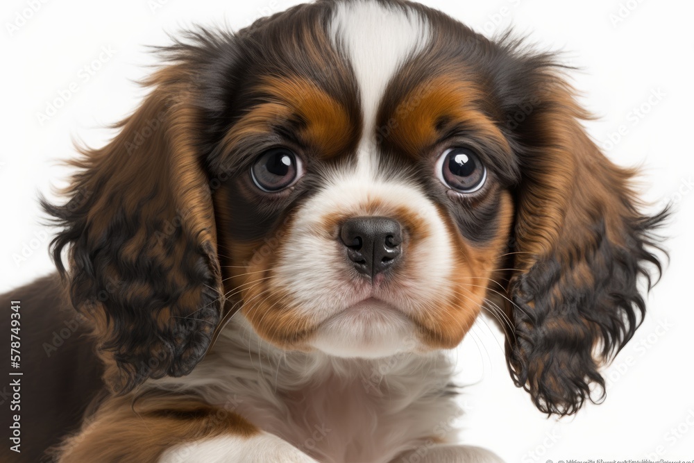 Three month old Cavalier King Charles Spaniel pup, shot on a white background. Generative AI