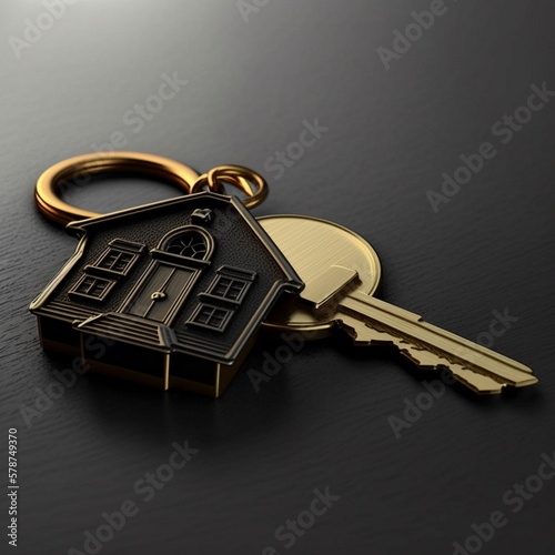 Golden key on a keychain. Golden key to a new house. Golden key to the apartment. Generative AI.