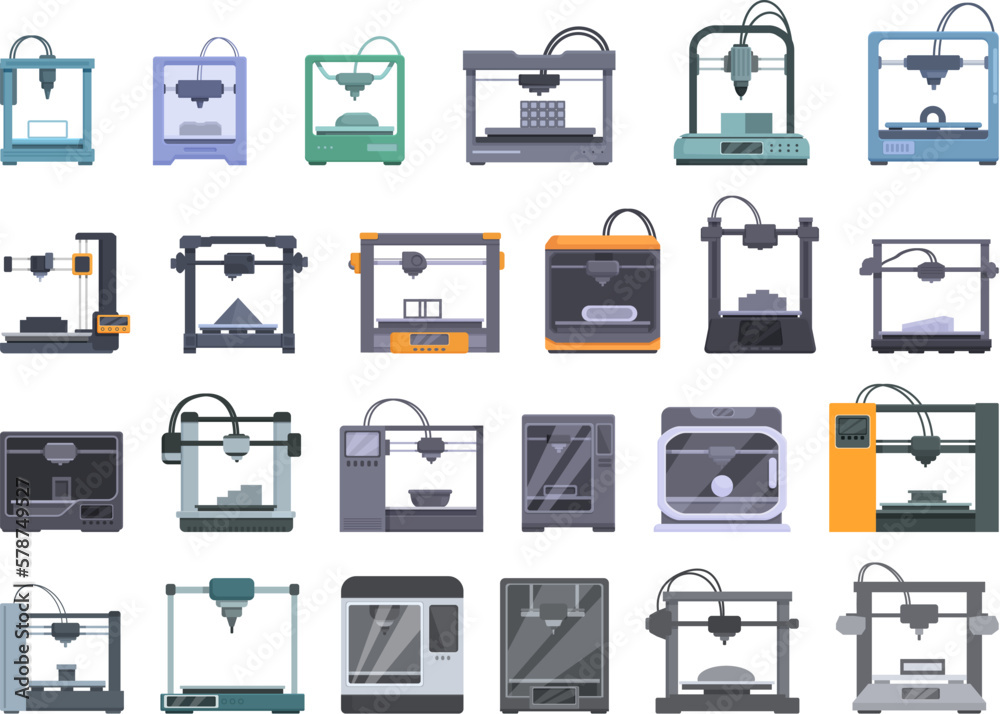 3D printing in construction icons set cartoon vector. Lab print. Business education