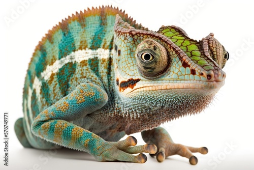 Furcifer pardalis, or the Panther chameleon, eyeing the camera on a white background. Generative AI
