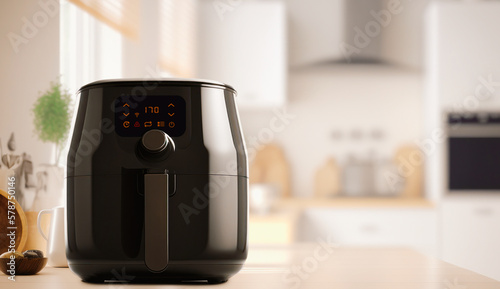 Air fryer machine cooking potato fried in kitchen. Lifestyle of new normal cooking..