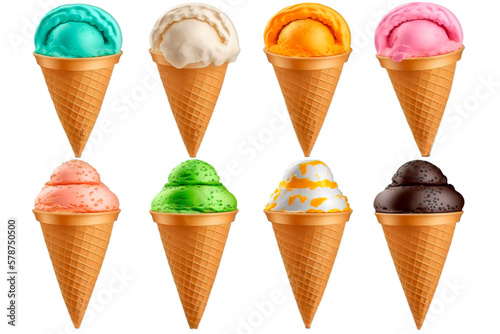 Ice cream cone set isolated with chocolate, vanilla, strawberry flavor. Summer and Sweet menu concept