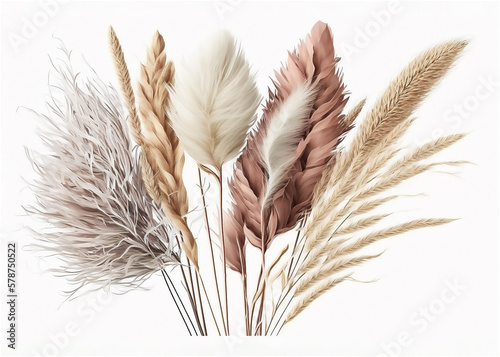 Flower arrangement of dried plants, cereals, pampas grass on a white background, country style. Natural colors. Design for postcard, illustration for interior decor. Generative AI