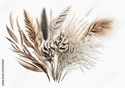 Flower arrangement of dried plants, cereals, pampas grass on a white background, country style. Natural colors. Design for postcard, illustration for interior decor. Generative AI