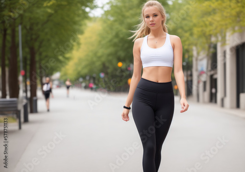 Samolepka Young blonde woman wearing sportswear at street. Generative AI
