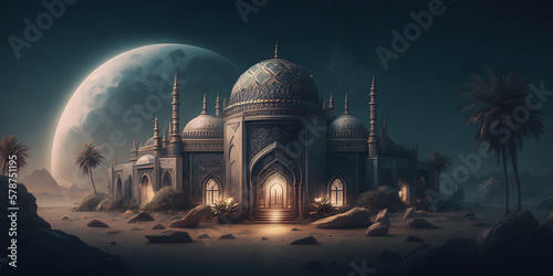 Magnificent Mosque Illuminated by Moonlight during full moon, Generative AI