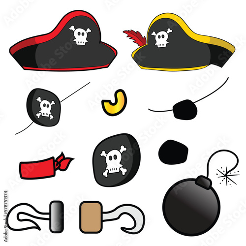 Set Of Pirate Captain Hat Crossbones Eye Patch Skull Hook Bomb