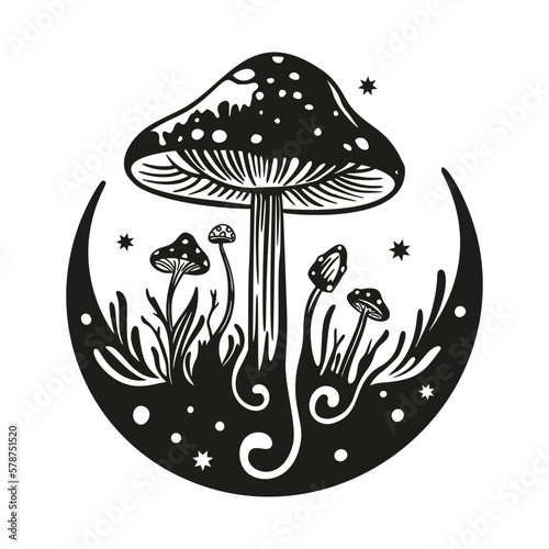Magic mushroom moon vector silhouette, black line contour drawing. Celestial print