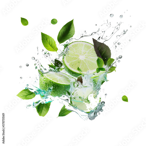 limes and mint leaves with a water splash  refreshing summer cocktail theme on transparent background