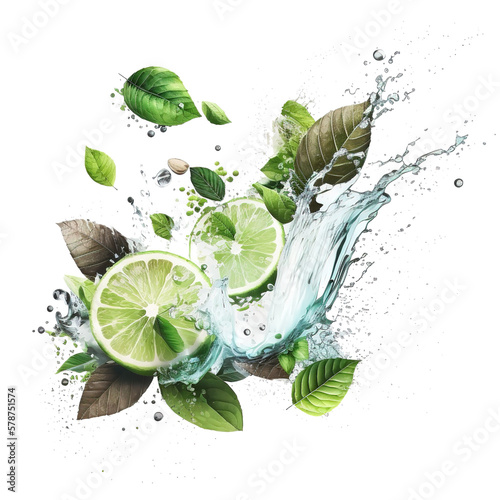 Fotografia limes and mint leaves with a water splash, refreshing summer cocktail theme on t
