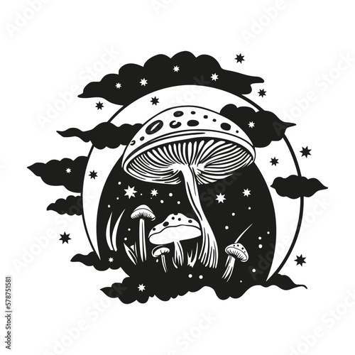 Magic mushroom moon vector silhouette, black line contour drawing. Celestial print
