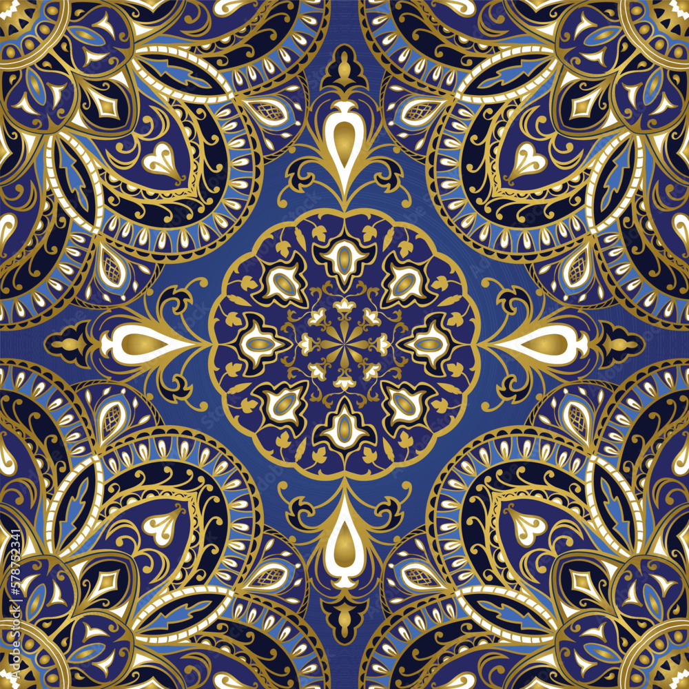 Seamless indian pattern with mandalas. Vector blue background with a golden contour. Template for fabric, carpet, rug, wallpaper