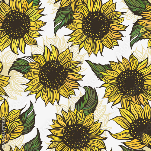 Sunflower doodle seamless vector pattern. Nature drawing flower plant spring summer garden background.