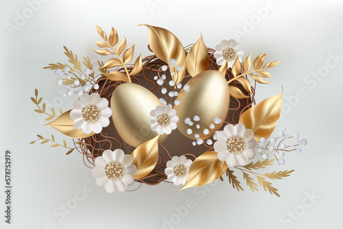 3d Easter gold eggs in a nest, realistic vector egg illustration with white daisy spring flowers and leaves.