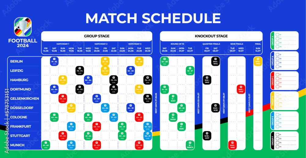 football euro 2024 match schedule. Football 2024 tournament final stage Match schedule, template for web, print, football results table, soccer championship, vector illustration. - obrazy, fototapety, plakaty 