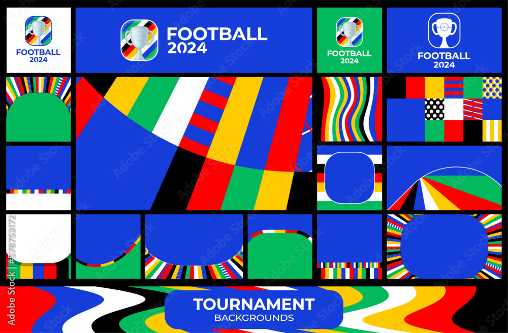 European football euro 2024 social media backgrounds set. Vector illustration Football soccer cup 2024 in Germany square and horizontal pattern background or banner, card, website. blue color. - obrazy, fototapety, plakaty 