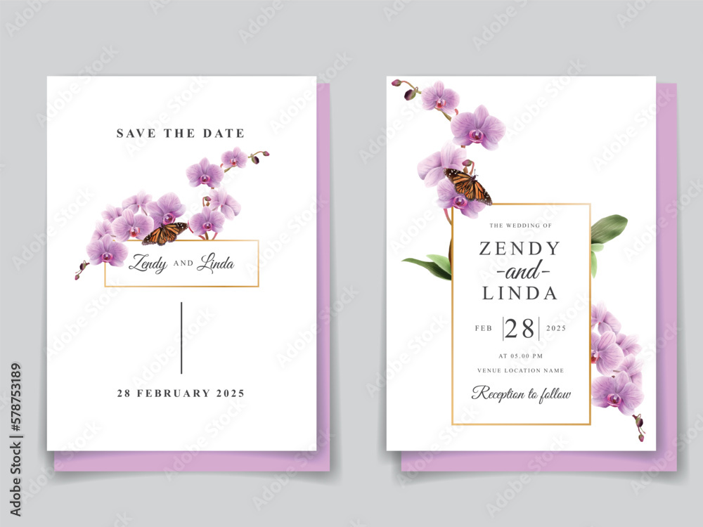 minimalist wedding invitation card with orchid illustration