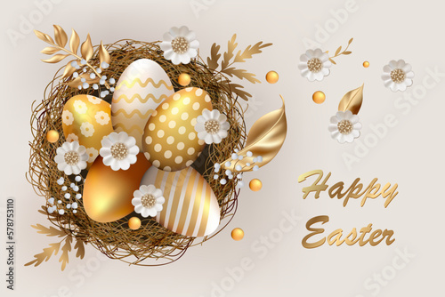 3d Easter gold eggs in a nest, realistic vector egg illustration with white daisy spring flowers and leaves.