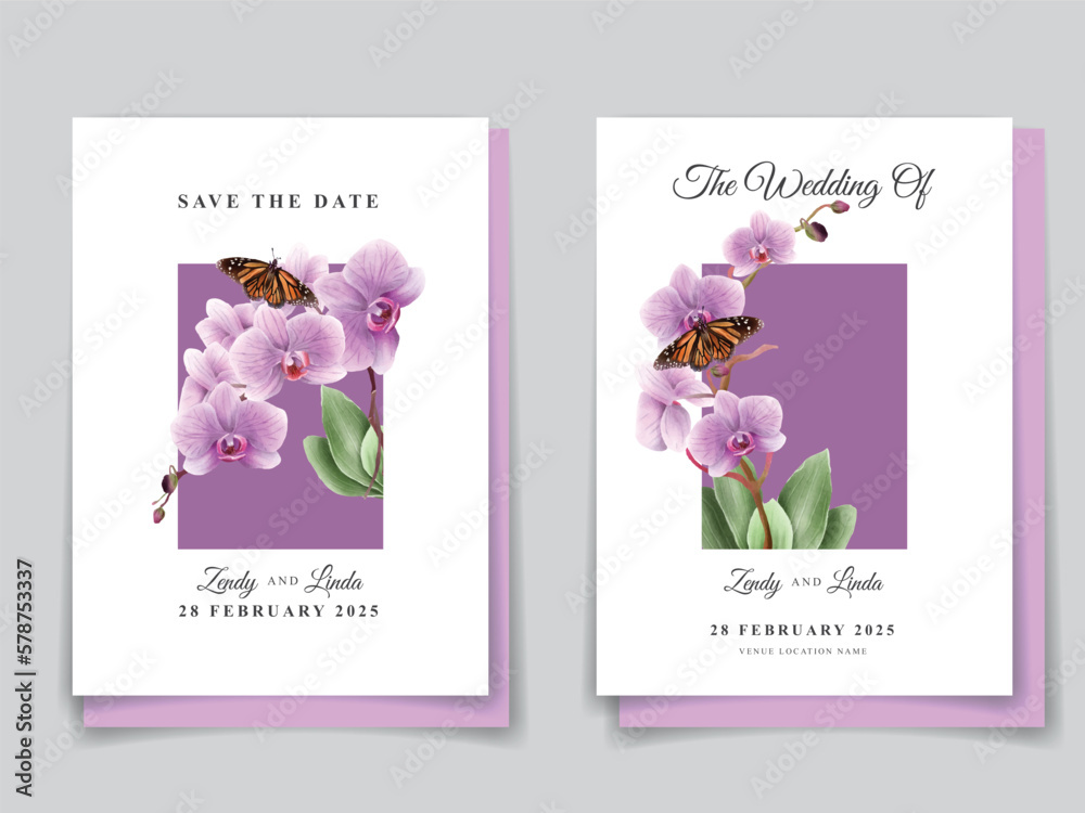 minimalist wedding invitation card with orchid illustration