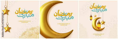 Ramadan Mubarak. Set of Islamic greeting card template with Arabic calligraphy for social media post, wallpaper design. poster, for web and print
