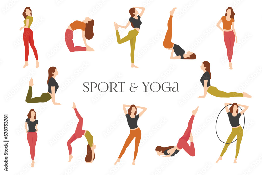 International yoga day illustration. Sports girl. Woman doing fitness, yoga and stretching. Slim Girl Doing Fitness. Woman practices sports. Pilates concept International yoga day illustration. Sports girl. Woman doing fitness, yoga and stretching. Slim Girl Doing Fitness. Woman practices sports. Pilates concept