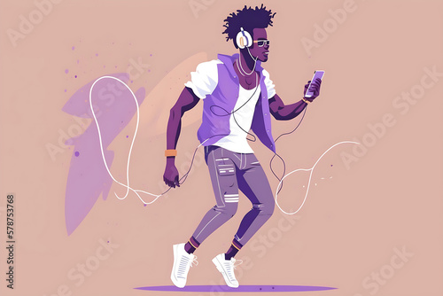 Flat vector illustration Happy african american generation z man wearing headphones holding mobile phone, dancing, enjoying listening online streaming music on mobile phone, standing isolated over lig