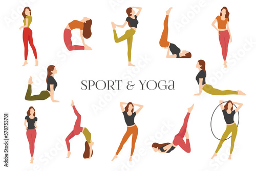 International yoga day illustration. Sports girl. Woman doing fitness, yoga and stretching. Slim Girl Doing Fitness. Woman practices sports. Pilates concept