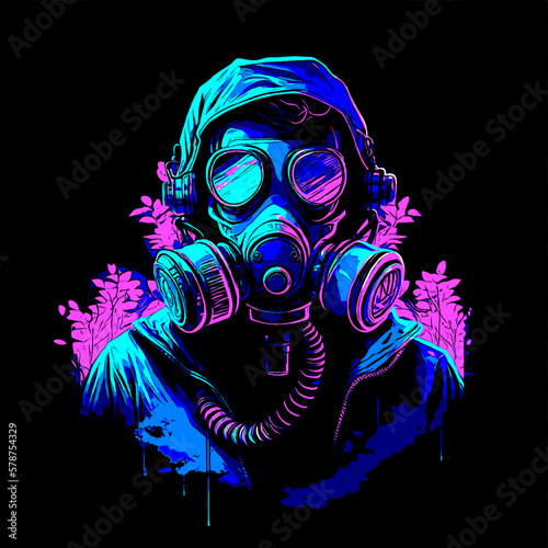 Stylized portrait of a person wearing a gas mask. Isolated on black color layer. Generative AI	