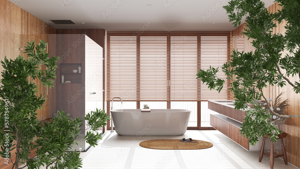 Green summer or spring leaves, tree branch over interior design scene. Natural ecology concept idea. Minimalist bathroom in japandi style. Interior design