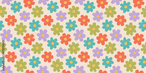 Colorful floral seamless pattern illustration. Vintage flower background art design. Retro pastel color spring artwork, groovy seventies nature backdrop with hippie flowers.