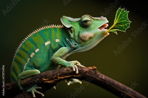 The chameleon uses his her extended tongue to catch insects. Green lizard with a long, exotic tail; found only in Madagascar. Wild animal scene. Habits of a reptile eater the furcifer oustaleti