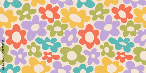 Colorful floral seamless pattern illustration. Vintage flower background art design. Retro pastel color spring artwork, groovy seventies nature backdrop with hippie flowers.