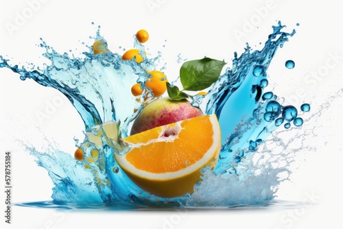 fruity freshness gushing into azure Isolated against a white background  a clear water splash represents a healthy diet. Generative AI