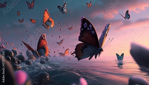 a group of butterflies flying over a body of water with bubbles in the water and a pink sky in the background with a few clouds.  generative ai © Jevjenijs