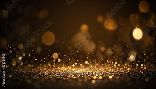  a dark background with gold lights and bokets on the floor and a black background with gold lights and bokets on the floor. generative ai