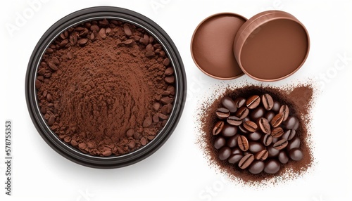  a bowl of coffee beans and a container of cocoa powder on a white background with a spoon and a scoop of cocoa powder on the side. generative ai