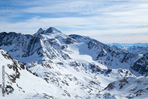 Panoramic view of Alps mountain snowy range with skiing trails  Stubai Glacier  Austria