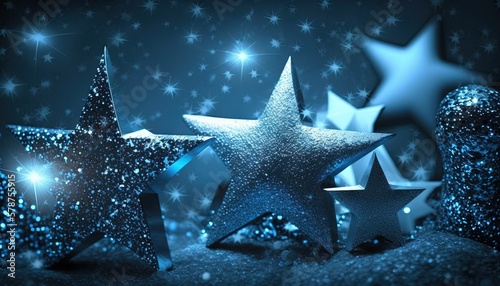  a group of shiny stars on a black background with stars in the sky and stars on the ground in the foreground, with a blue tint. generative ai