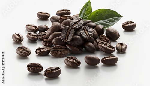  a pile of coffee beans with a green leaf on top of it, on a white background with a shadow of coffee beans and a green leaf. generative ai